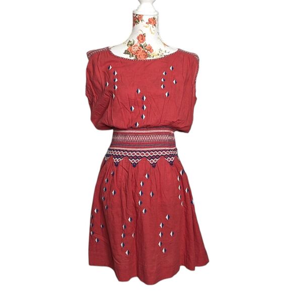 The Great Dresses & Skirts - The Great Size Small Red Embroidered Smocked Waist Dress Sleeveless Geometric